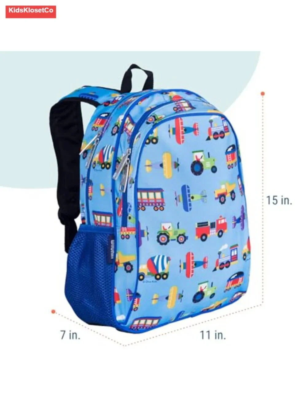 15 Inch Backpack for Kids, Trains, Planes, Trucks, Ages 5-10, Padded Straps
